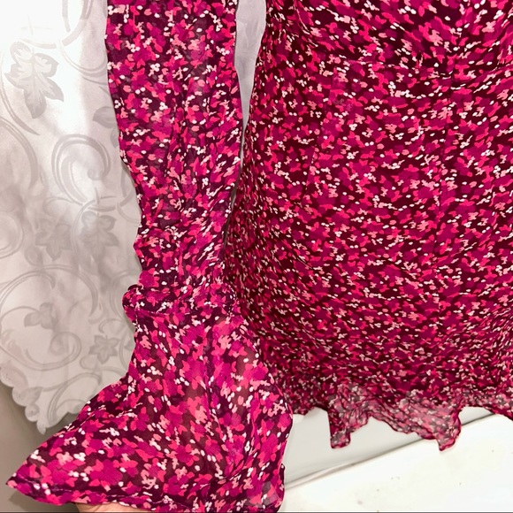 Fletch Feminine Fuchsia Pink Printed Paint Flowy Viscose V-Neck Summer Dress - Picture 3 of 10